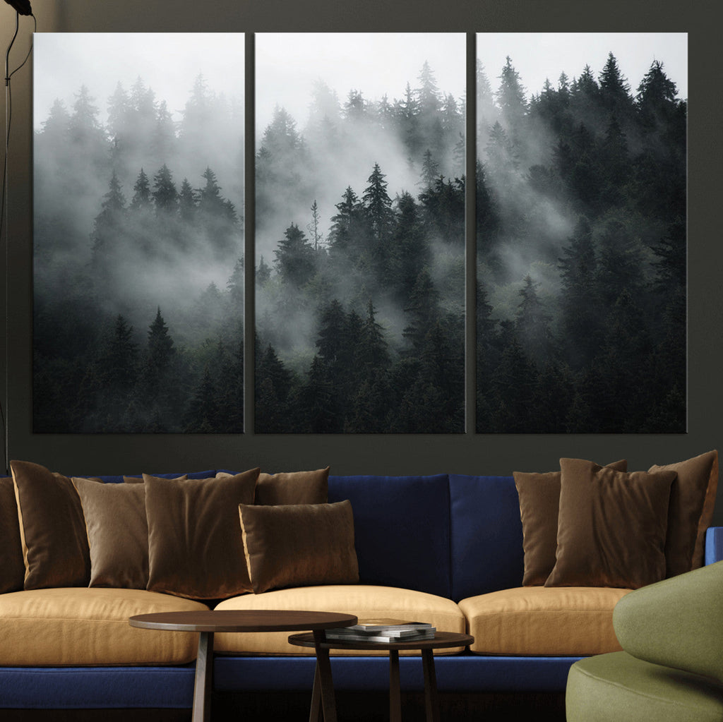 Foggy Forest Wall Art Canvas Print | 3 Panel Large Misty Landscape