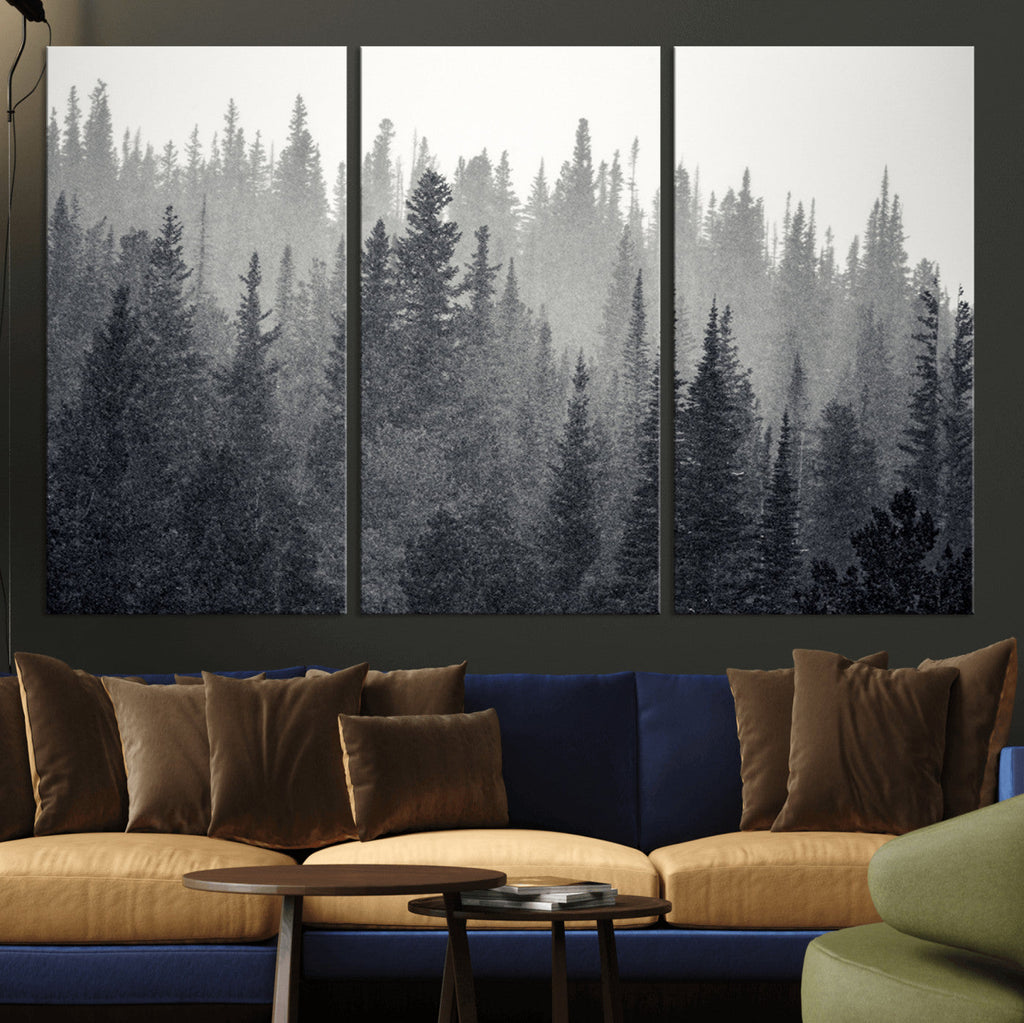 Misty Forest Canvas Wall Art | Monochrome Triptych Pine Tree Print
