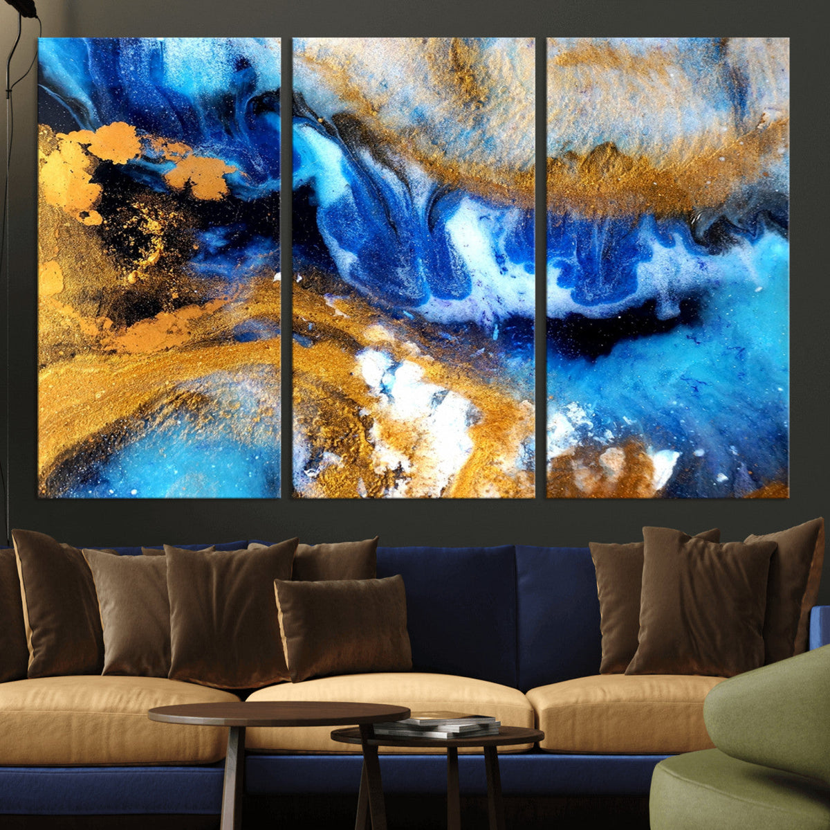 Blue Orange Marble Fluid Effect Canvas Wall Art Print