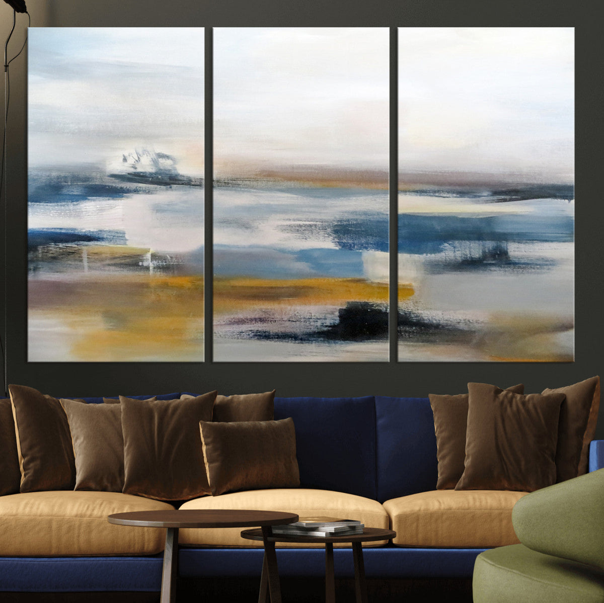Abstract Landscape Wall Art Canvas | 3 Panel Modern Blue, Gold and White Canvas Art