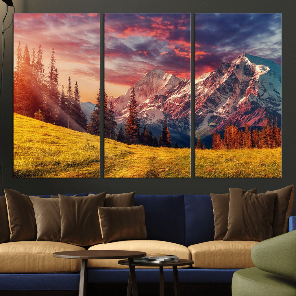Mountain and Daylight Red Sunset Wall Art Canvas Print