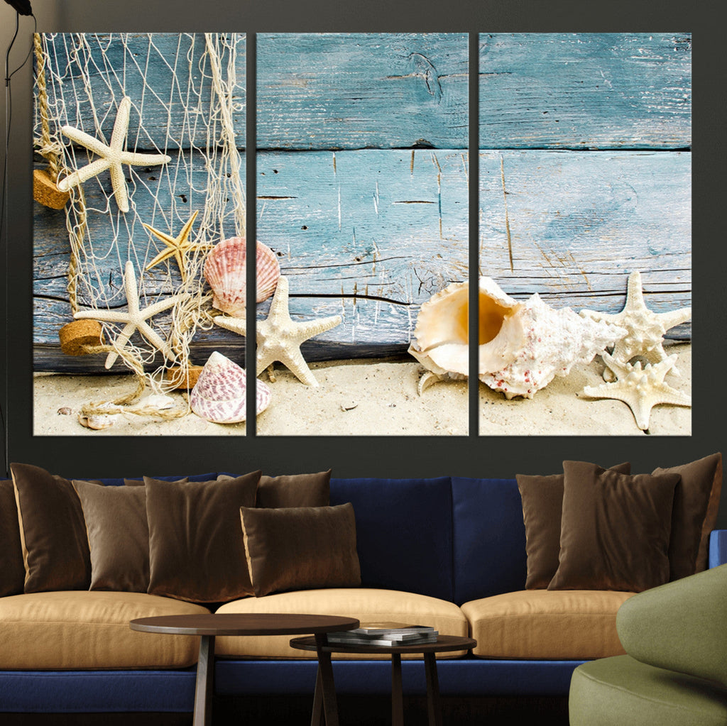 Seashells on Rustic Wooden Background, Seashells Wall Art