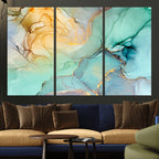 Abstract Aqua and Gold Fluid Wall Art Canvas | 3 Panel Large Canvas Print