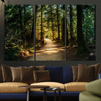 Sunlit Forest Pathway Canvas Print | 3 Panel Large Nature Wall Art