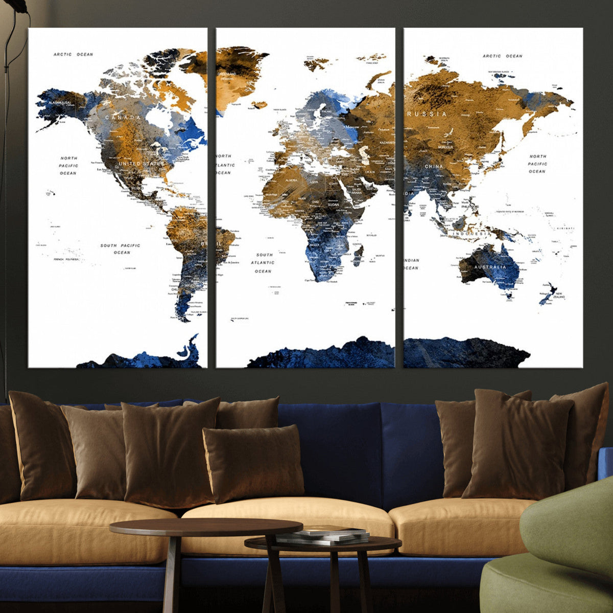 Modern Abstract World Map Canvas Wall Art | Framed Blue and Gold Map Print