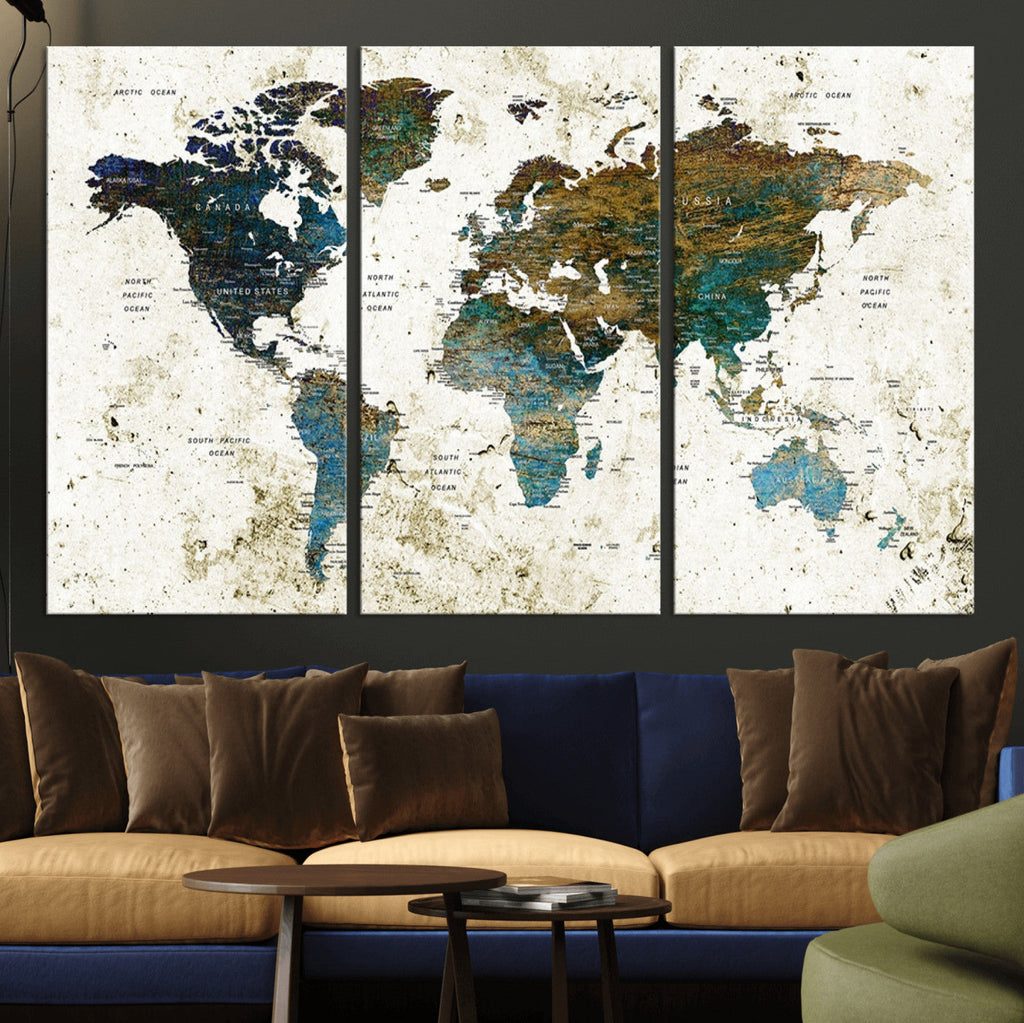 Vintage World Map Wall Art Canvas Print, Framed Rustic Earth Tone Map