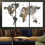 Modern Metallic World Map Canvas Wall Art | Framed Contemporary World Map Print
