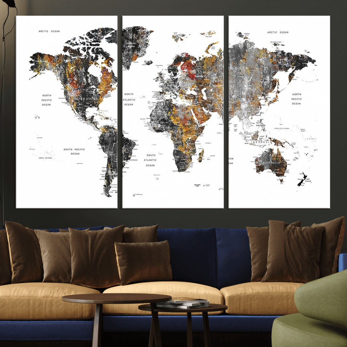 Modern Metallic World Map Canvas Wall Art | Framed Contemporary World Map Print