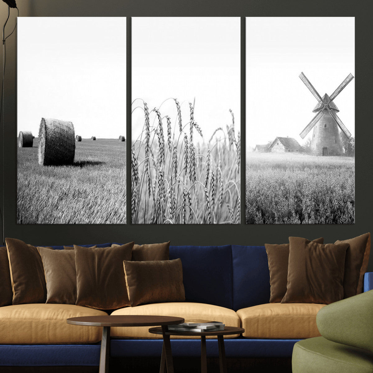 Vintage Farmhouse Black and White Triptych Wall Art, Giclee Canvas with Wheat Fields, Hay Bales and Windmill