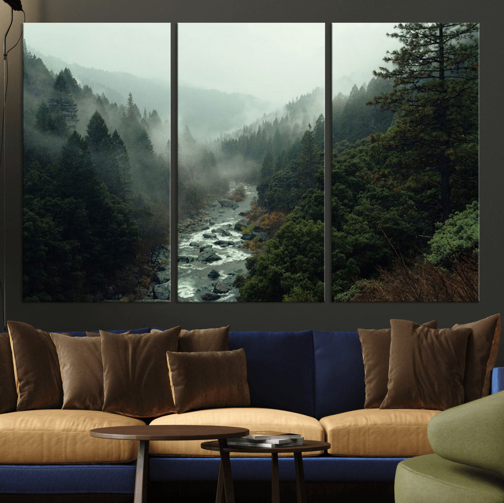 Misty Forest Wall Art, Tranquil Nature Landscape, Ready to Hang | Extra Large 3 Piece Canvas Wall Art