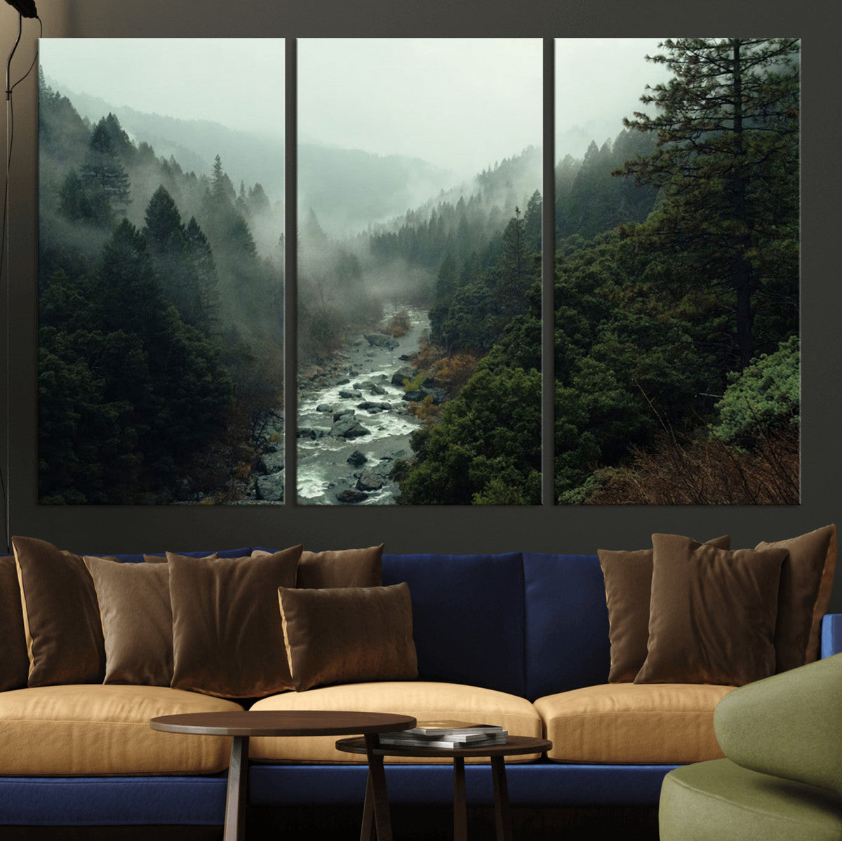 Misty Forest Wall Art, Tranquil Nature Landscape, Ready to Hang | Extra Large 3 Piece Canvas Wall Art