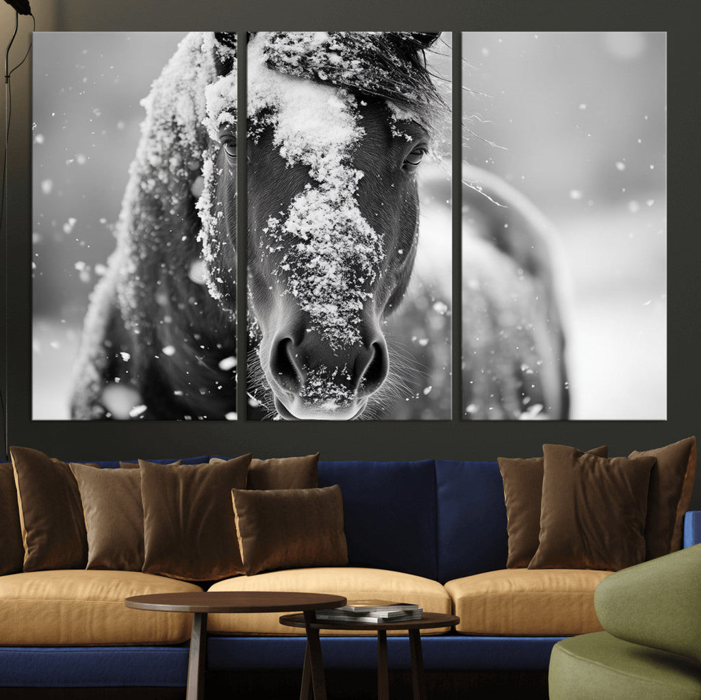 Black and White Horse Winter Wall Art, Ready to Hang