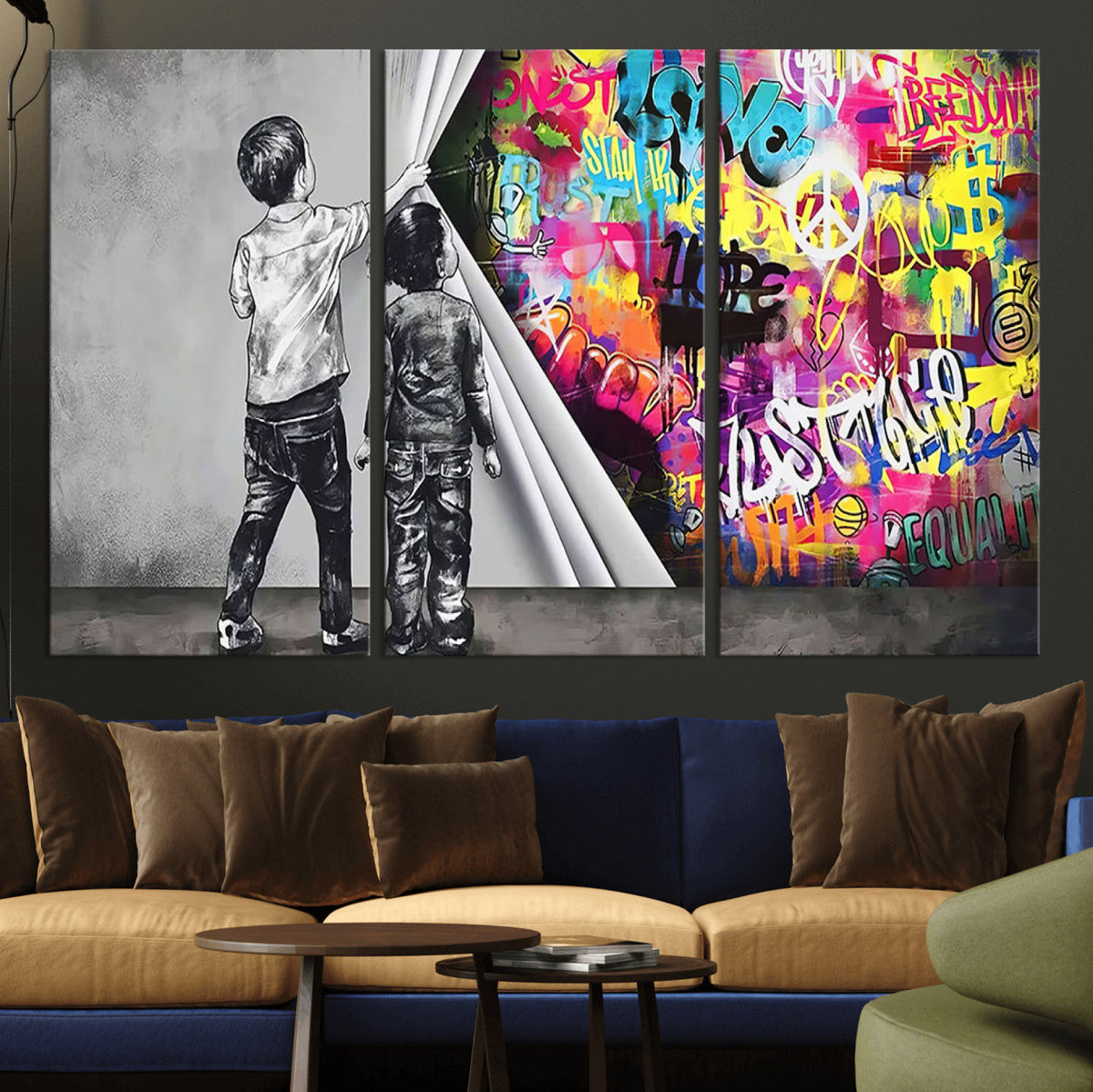 Banksy Print, Street Art Canvas Wall Art, Kids Revealing Graffiti, Urban Modern Decor