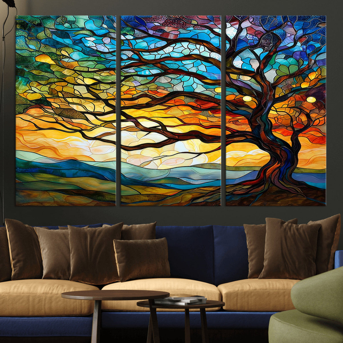 Vibrant Mosaic Tree of Life Wall Art, Stained Glass Style Canvas Print