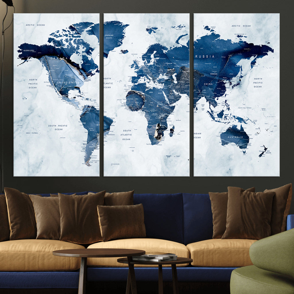 Modern Blue World Map Canvas Print | Elegant Travel Map Wall Art for Home Office