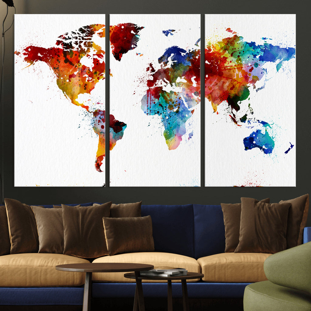 Colorful World Map Canvas Wall Art Print, Contemporary Global Map Artwork