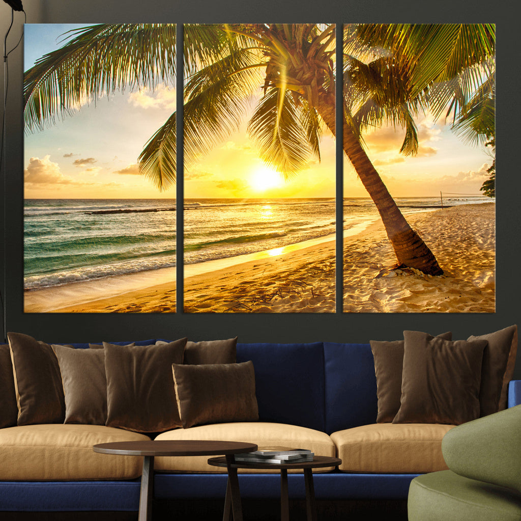 Beach Sunset Canvas Wall Art Print - Tropical Beach Canvas With Palm Trees