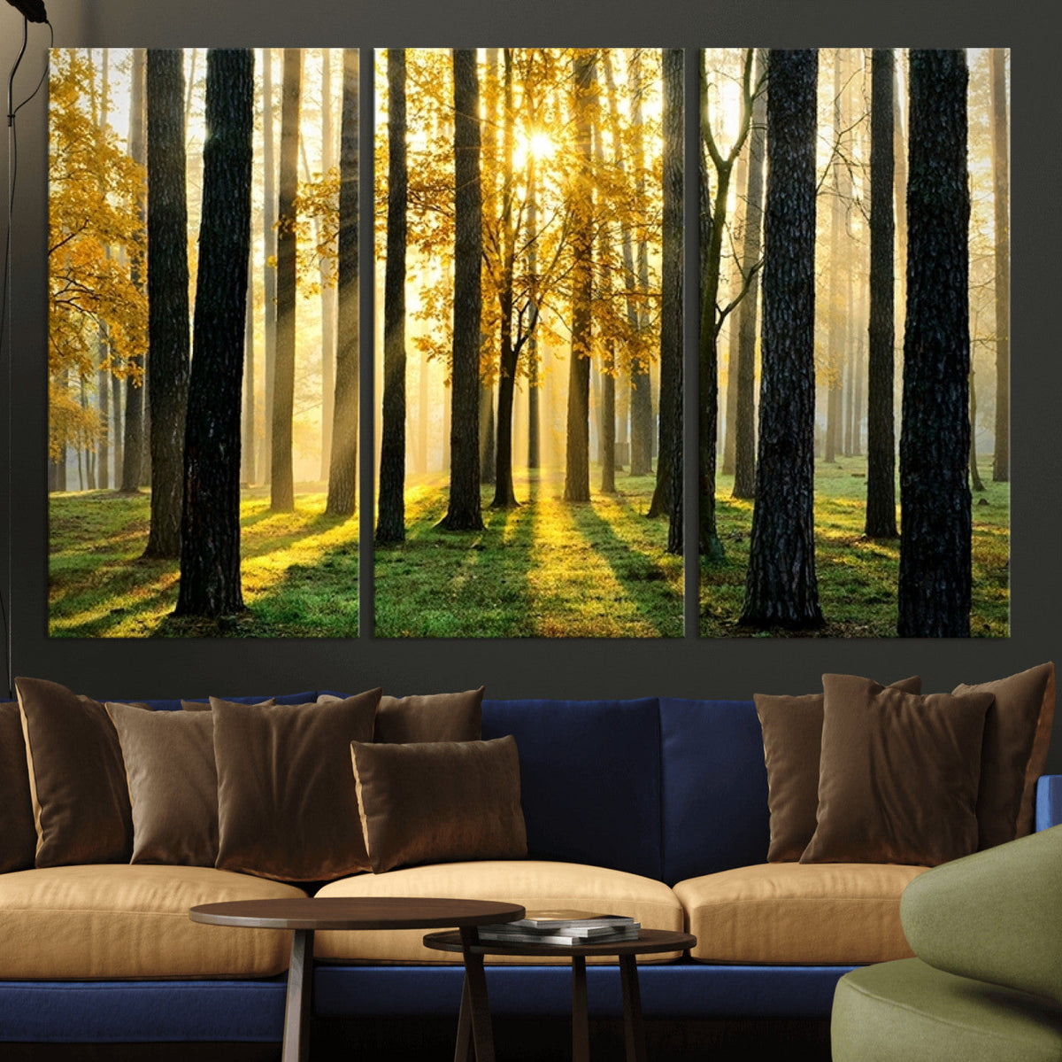 Sunlit Forest Wall Art Canvas Print, Large Framed Woodland Scene with Golden Light