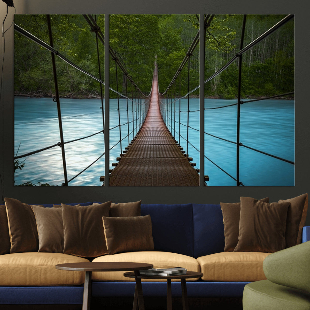 Suspension Bridge Over River Canvas Art | 3-Panel Nature Wall Art