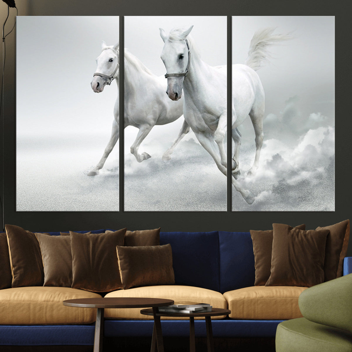 Large Wall Art Canvas Print, Beautiful Running White Horses