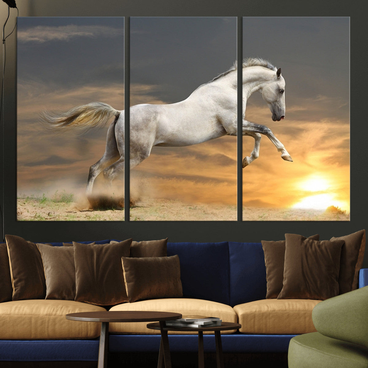 Large Wall Art Canvas Print, White Jumping Horse at Sunset