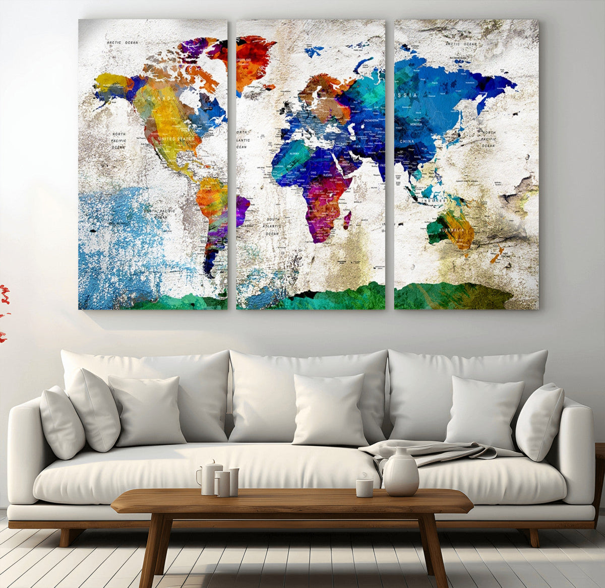 Navy Blue and Orange Watercolor World Map Canvas Print | Framed Travel Map
