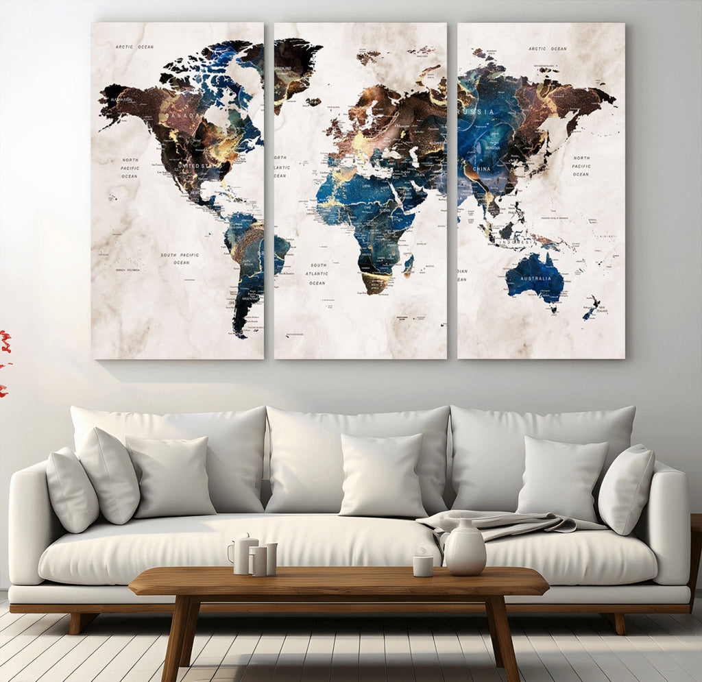 Abstract Earth Tone Blue World Map Canvas Print | Framed Travel Map Wall Art
