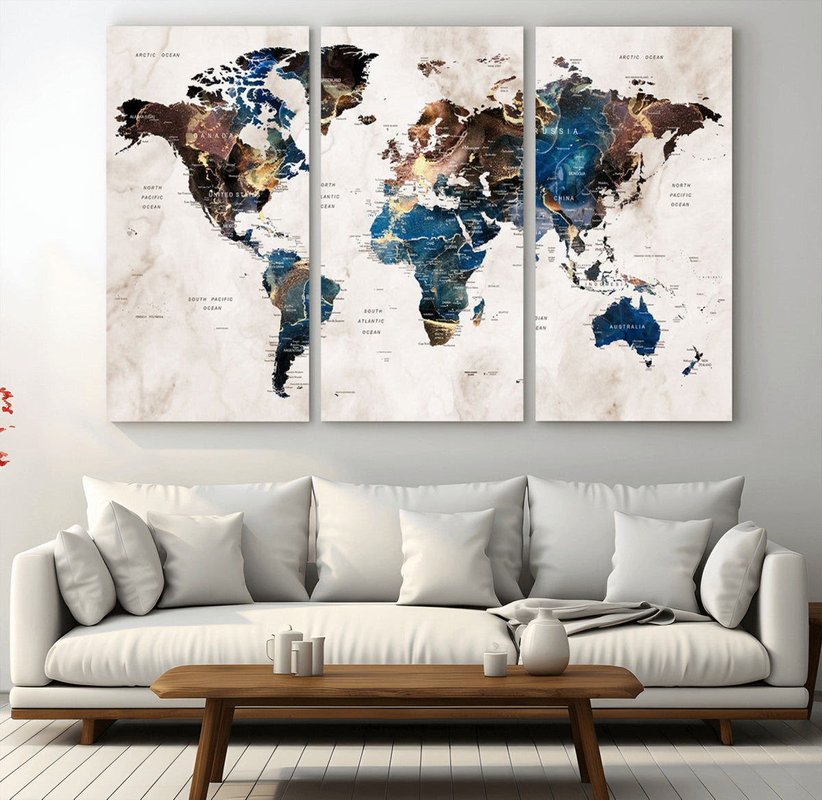 Abstract Earth Tone Blue World Map Canvas Print | Framed Travel Map Wall Art