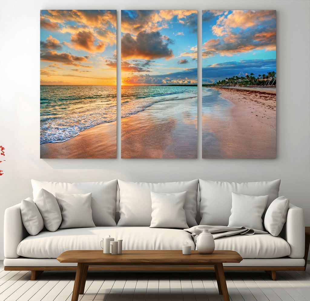 Sunset Beach Canvas Wall Art | Tropical Triptych Seascape Print