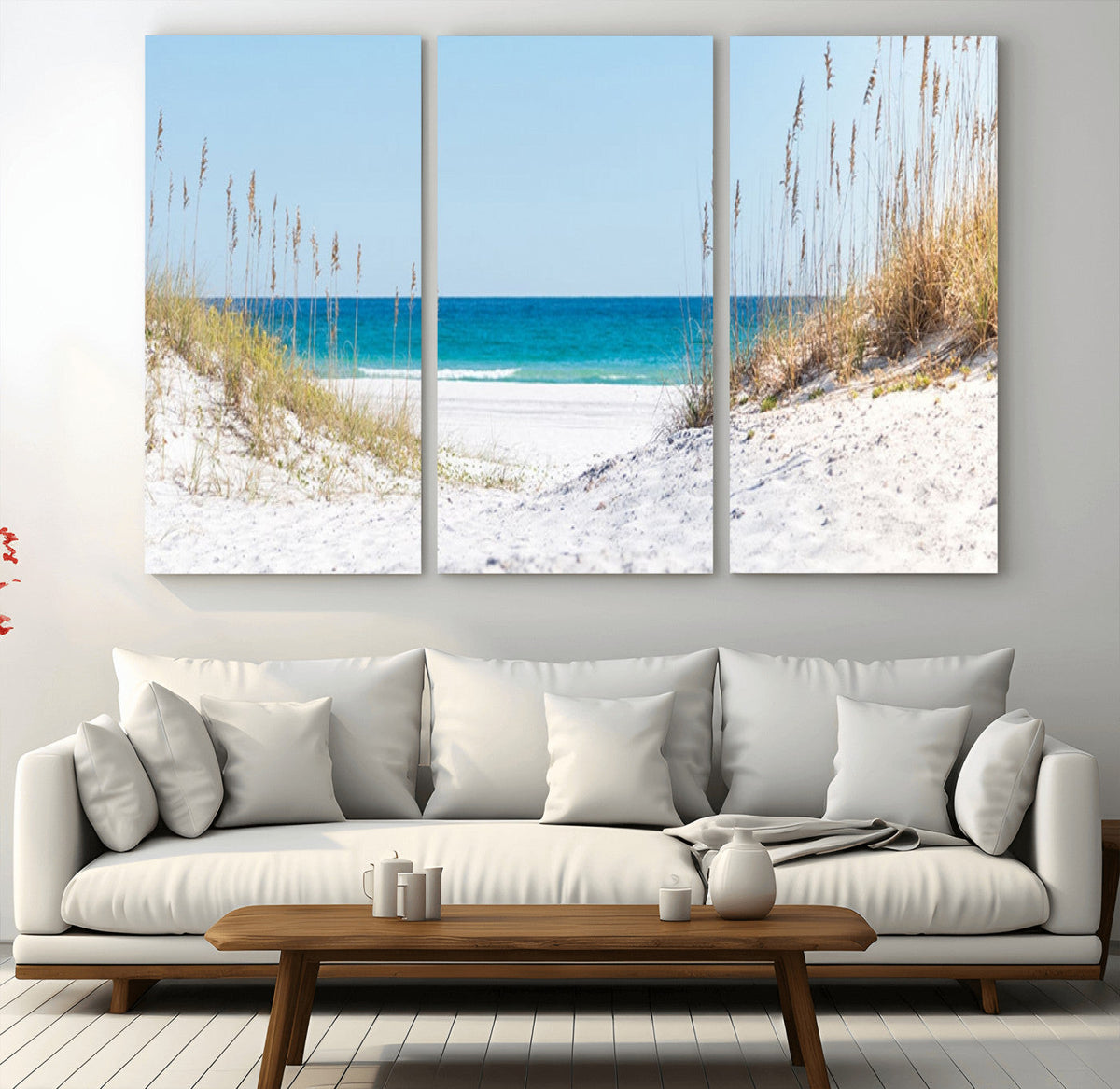 Serene Coastal Dune Path with Ocean View, 3-Panel Beach Canvas Wall Art