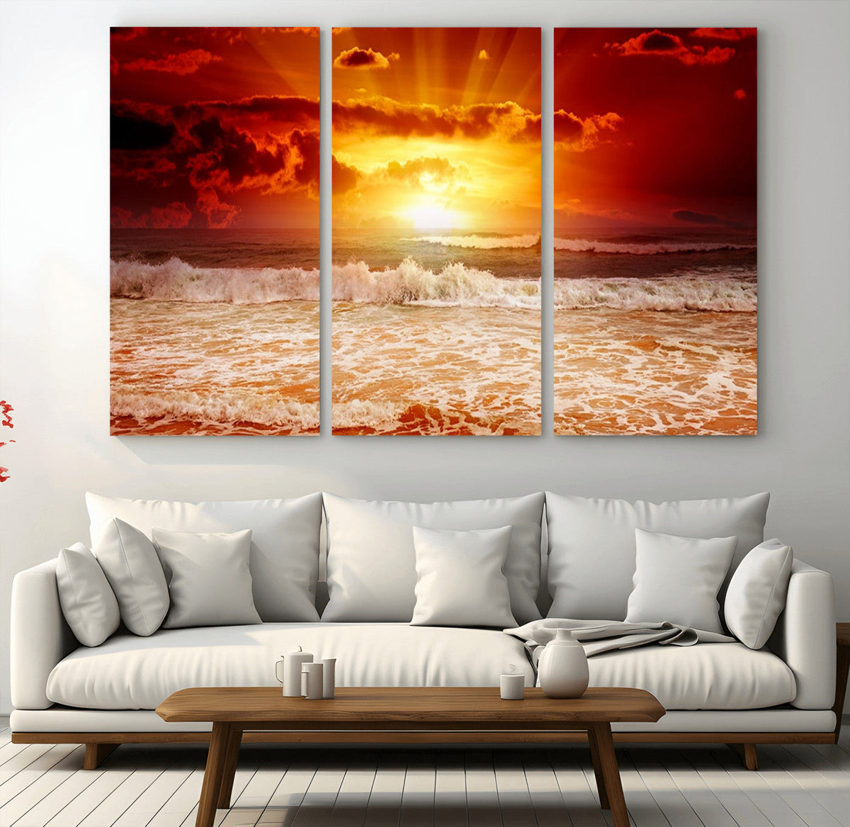 Red Sunset Ocean Beach Canvas Wall Art, Coastal Sunset Print