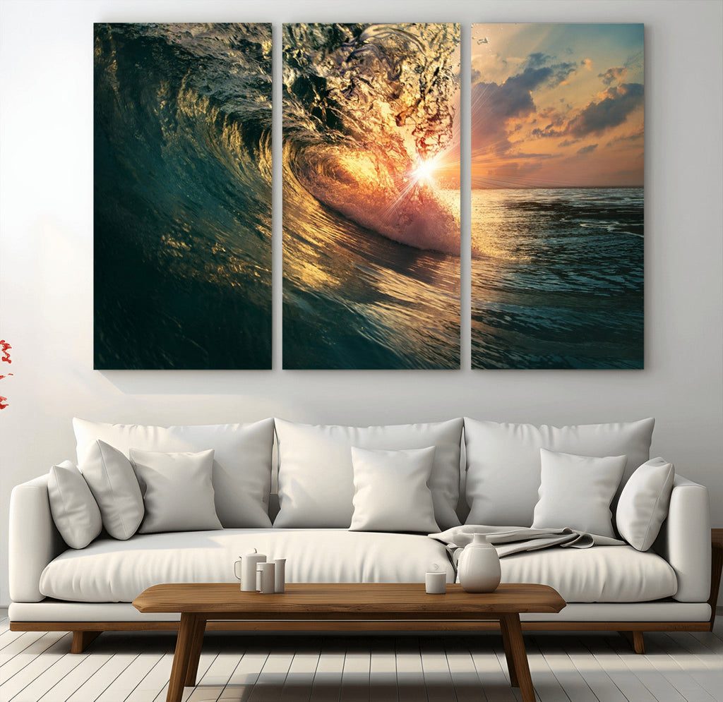 Ocean Wave Sunset Canvas Wall Art | Triptych Seascape Print