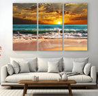 Golden Sunset Beach Canvas Wall Art | Triptych Seascape Print, Framed and Ready to Hang