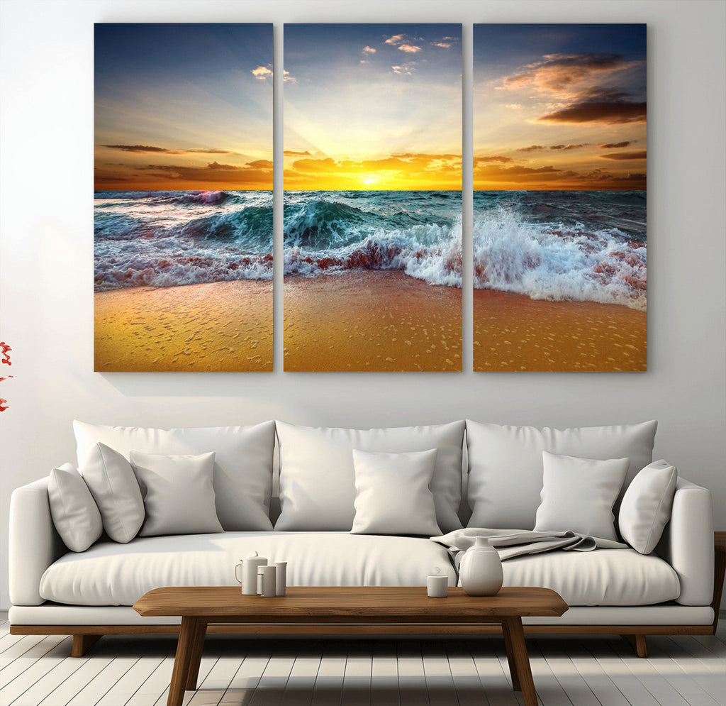 Golden Sunset Ocean Waves Wall Art Canvas Print | Multi Panel Beach Canvas Set, Coastal Triptych
