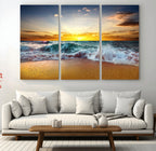 Golden Sunset Ocean Waves Wall Art Canvas Print | Multi Panel Beach Canvas Set, Coastal Triptych
