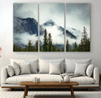 Mountain Mist Canvas Wall Art Print | 3-Panel Foggy Forest and Mountain Landscape