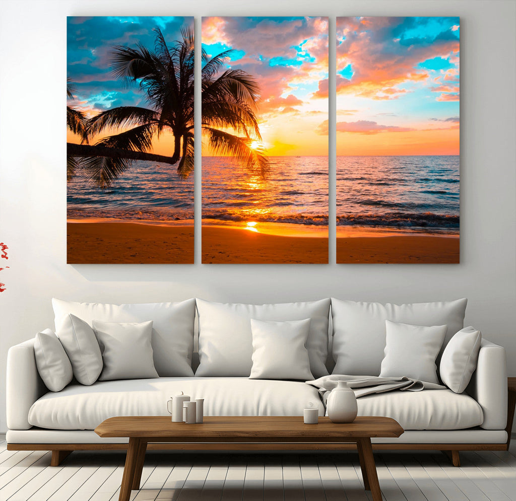 Palm Tree Sunset On The Beach Wall Art Canvas, Framed Palm Tree Sunset Canvas Print