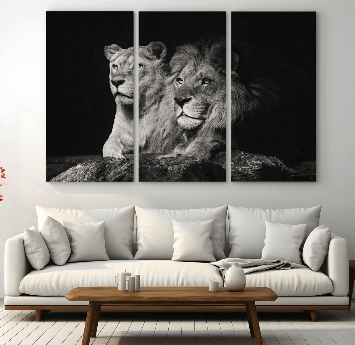 Lion Couple Wall Art Canvas Print, Elegant Black and White Wildlife Portrait