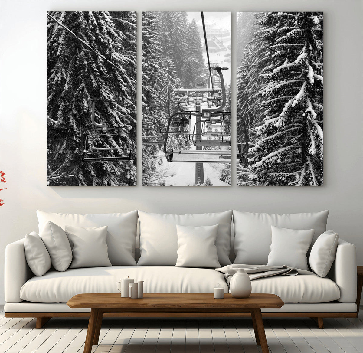 Winter Ski Lift Black and White Canvas Wall Art | Alpine Escape in Minimalist Style