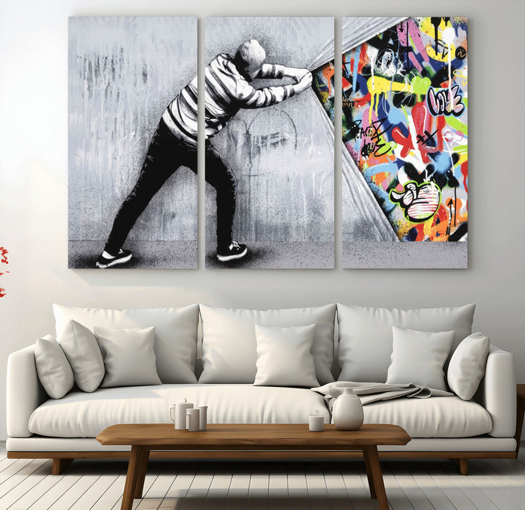 Banksy Art Behind the Curtain Street Wall Art Canvas Print | Urban Graffiti Style Wall Decor