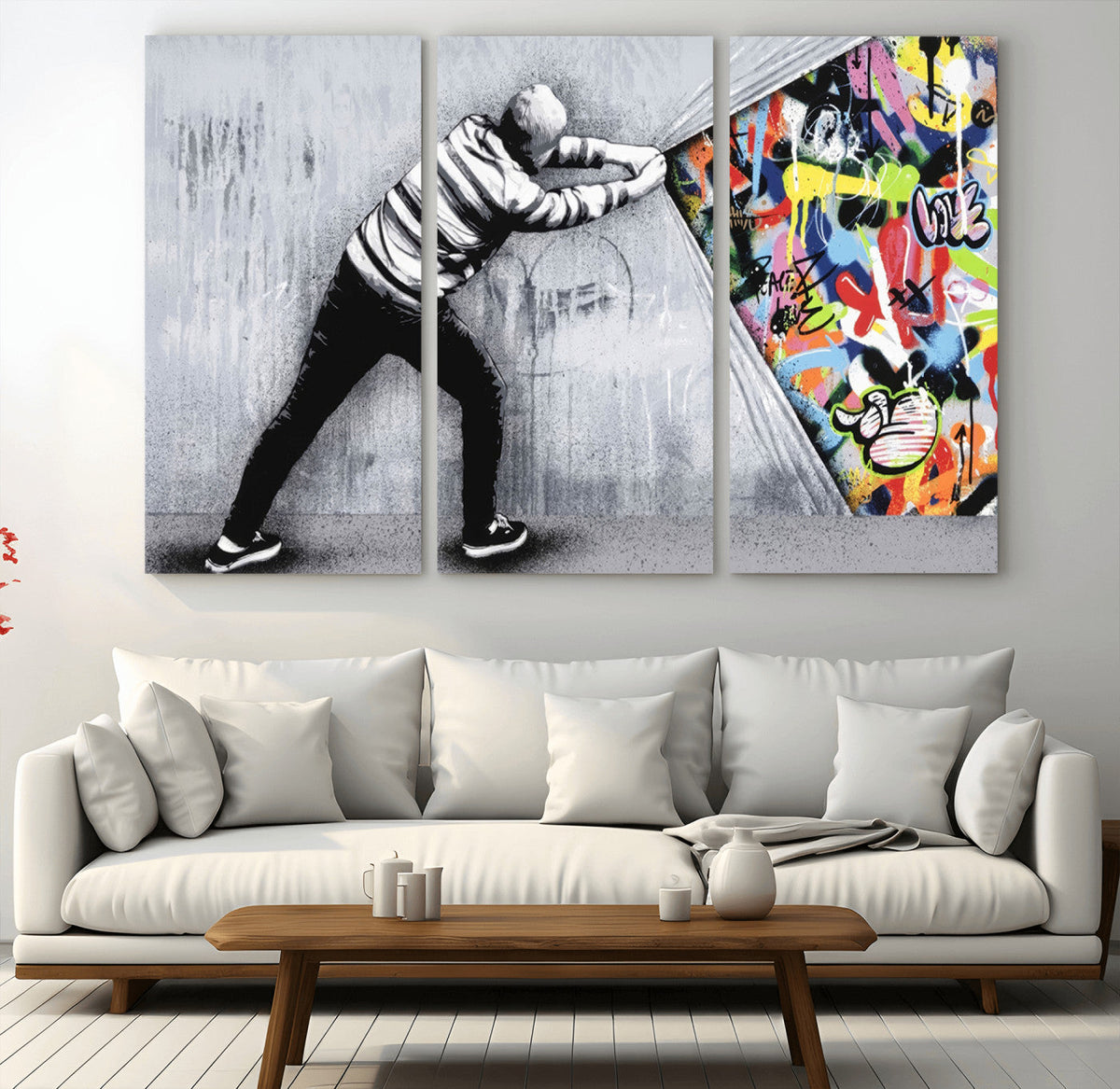 Banksy Art Behind the Curtain Street Wall Art Canvas Print | Urban Graffiti Style Wall Decor