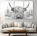 Rustic Charm, Cow Longhorn Black White Bighorn Wall Art