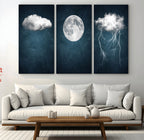 3 Piece Indigo Cloud Wall Art, Thunderstorm Moon Cloud Artwork