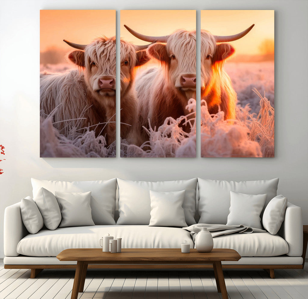 Highland Cows at Sunrise Wall Art Canvas Set