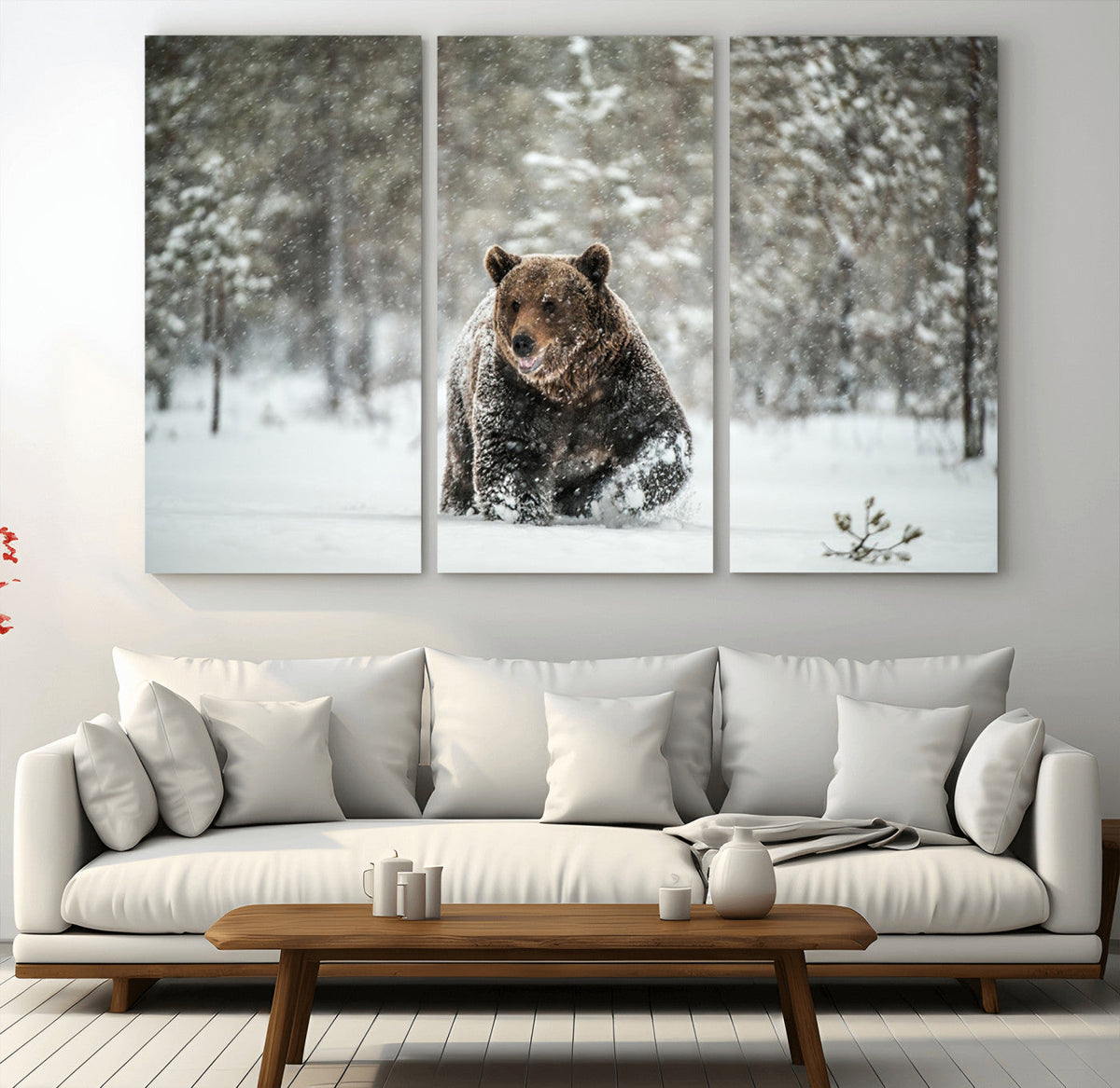 Grizzly Bear Wall Art | Framed Snowy Forest Canvas Artwork