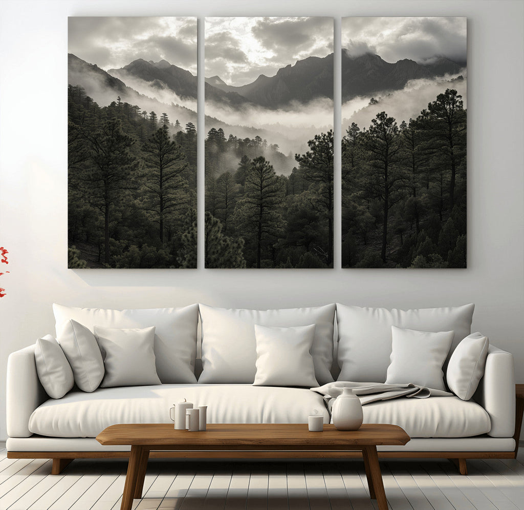 Moody Forest Wall Art | Framed Mountain Fog Canvas Artwork