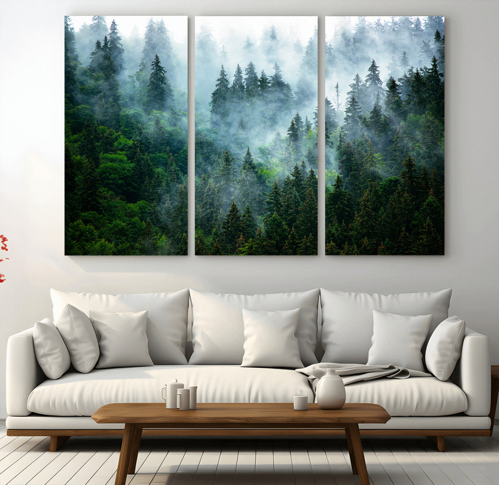 Misty Forest Wall Art Canvas Print, Framed Foggy Mountain Art, Large Scenic Woodland Canvas