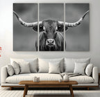 Texas Longhorn Wall Art Canvas Print, Framed Western Bull Photography, Rustic Log Cabin Decor