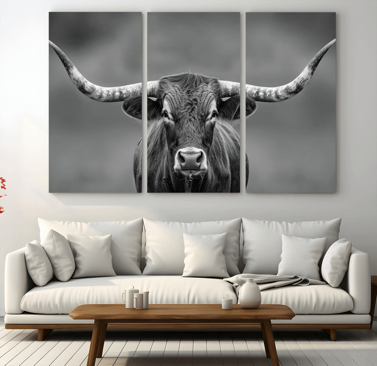 Texas Longhorn Wall Art Canvas Print, Framed Western Bull Photography, Rustic Log Cabin Decor