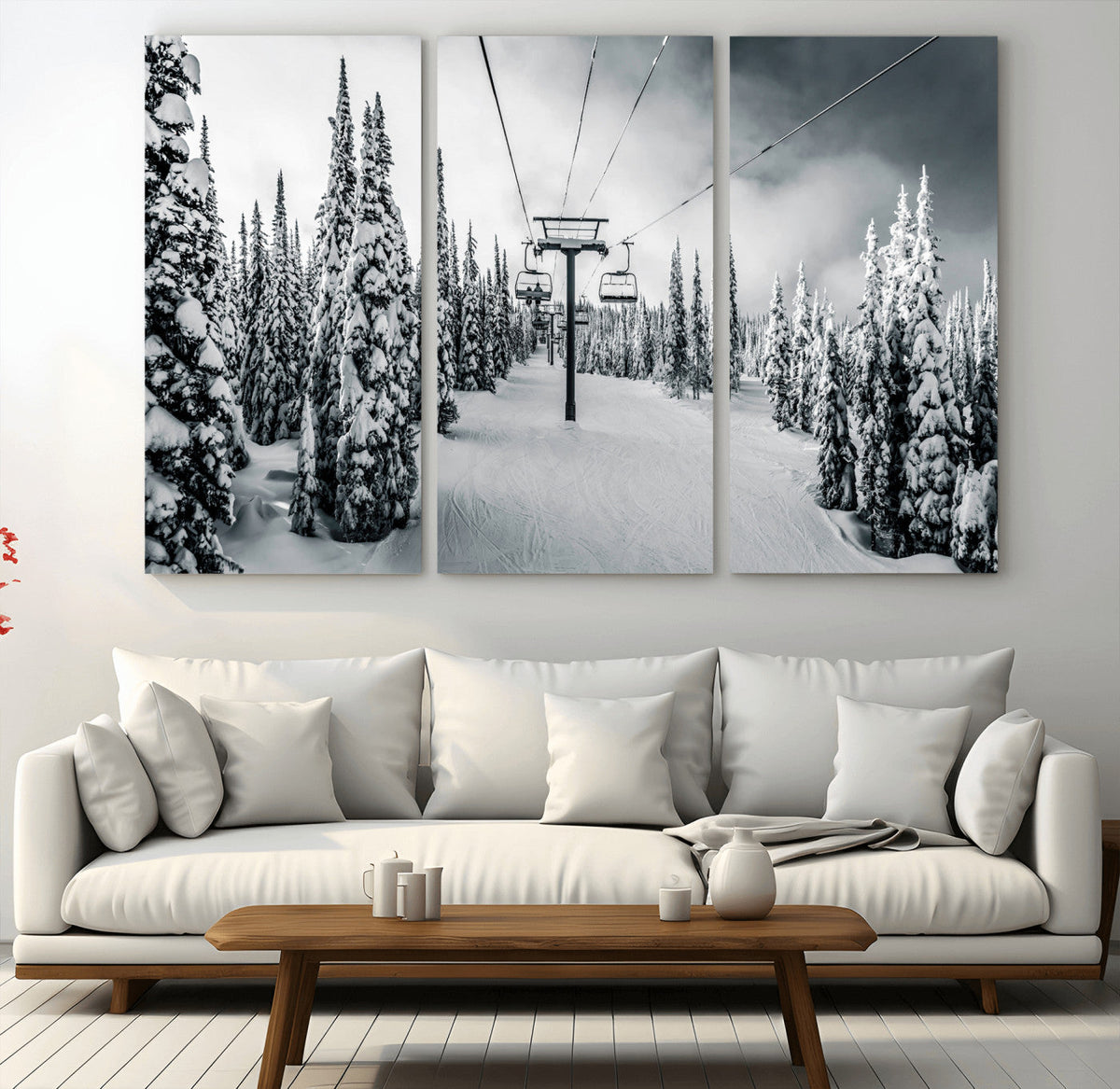 Snowy Pines Wall Art Canvas Print | Ski Lift in a Winter Forest